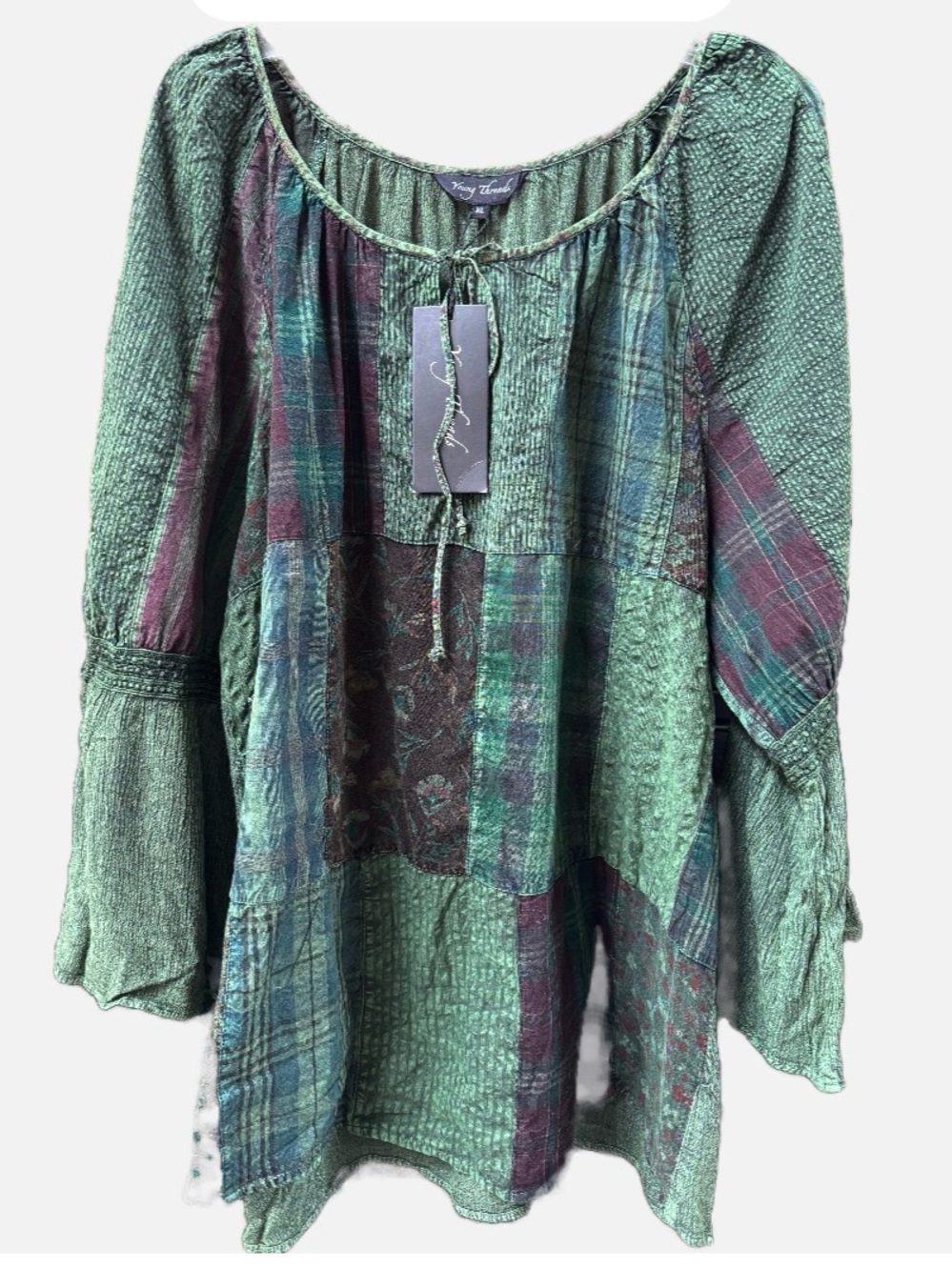 Young Threads Green Blue burgundy Patchwork bell sleeve Boho Blouse